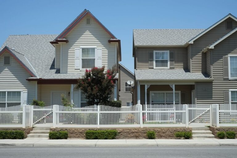 White vinyl picket fence with gates lining the sidewalk in front of two-story suburban homes with gray siding on a clear sunny day