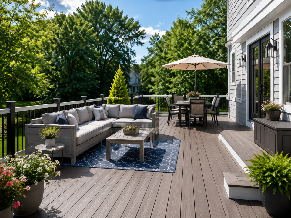 Modern deck with gray sectional, patio table, umbrella, potted flowers, and backyard trees
