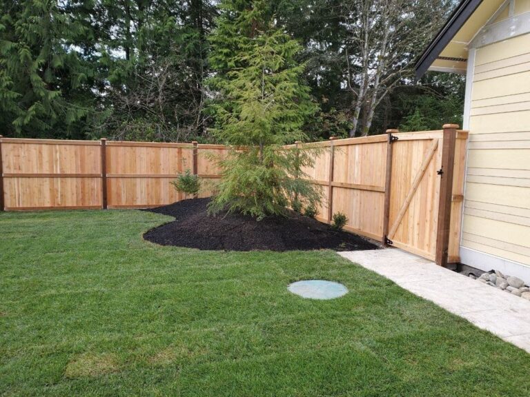 A cedar privacy fence with a diagonal-braced gate enclosing a backyard of fresh sod beside a yellow house, a young evergreen in a curved mulch bed, forest behind