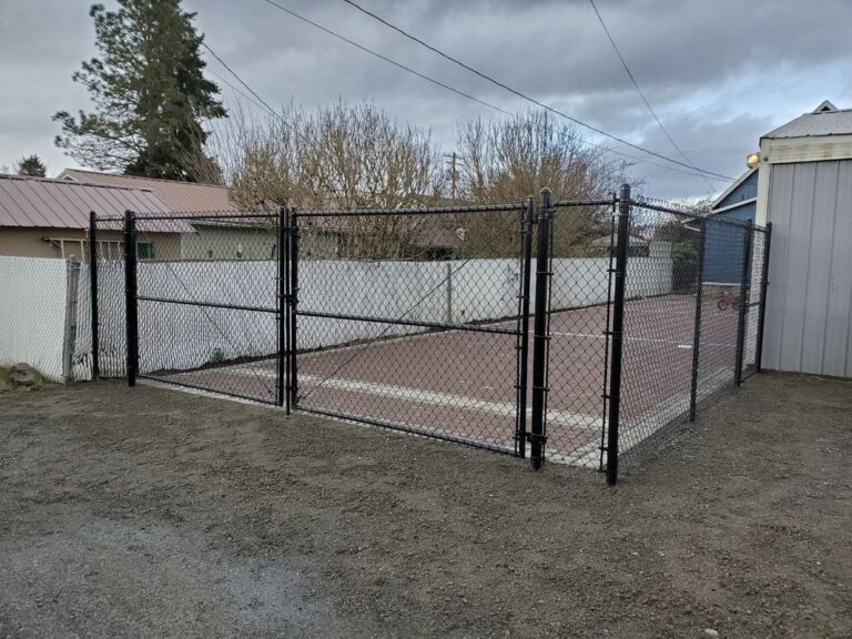 A black chain-link double-gate enclosure around a paver pad behind a blue house on an overcast day